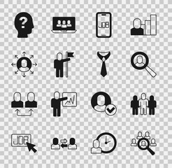 Set Magnifying glass for search job, Project team base, Search, Man holding flag, Multitasking manager working, Worker and Tie icon. Vector