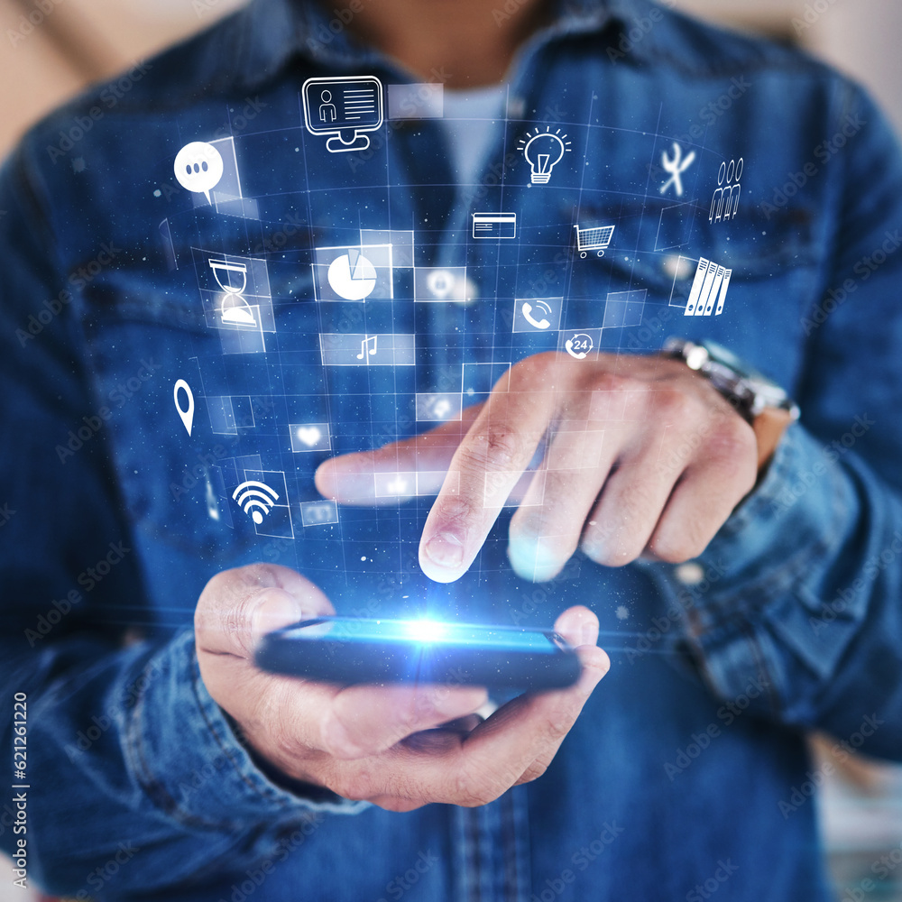 Poster phone in hand, hologram and overlay with futuristic icons, data safety or software developer with mo