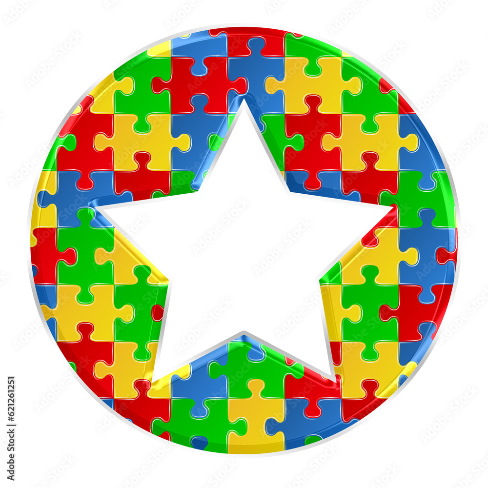 Fototapete colorful puzzle star in circle badge shape isolated on transparent background. this is a part of a s