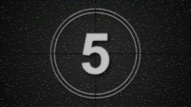 Film real time LED screen countdown leader in retro monochrome vintage style. Dotted counting numbers from 10 to 0 seconds with numerals reverse. Loop motion graphic  