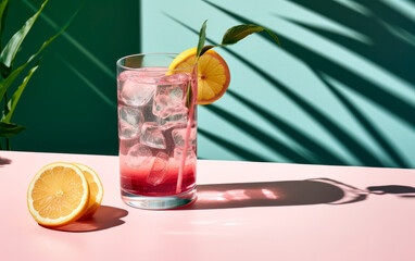 Long pink cocktail with lemon slices over green and pink background and copy space. Generative AI.