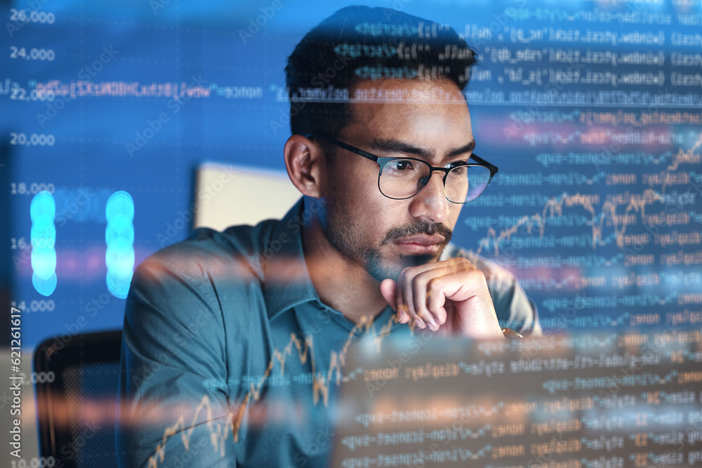 Poster Computer, code hologram and man thinking of data analysis, night cybersecurity and software coding overlay. Programmer or person in glasses reading html script, programming or cybersecurity research