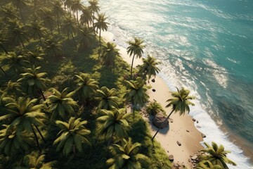 Aerial View of palm trees along the shoreline on the beach. Generative AI.