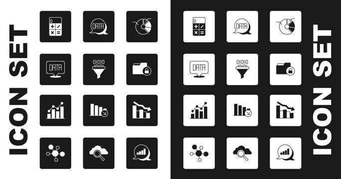 Set Pie chart infographic, Binary code, Data analysis, Calculator, Folder and lock, Financial growth decrease and icon. Vector