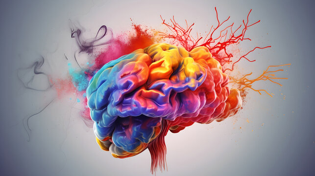 Creativity concept with a brain exploding in colors on white background, concept creative idea