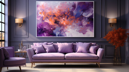 Generative ai illustration of Vivid purple sofa and art poster on stucco wall.