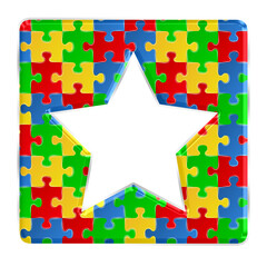 Colorful puzzle star in square badge isolated on transparent background. This is a part of a set which also includes letters, numbers, symbols, and frames.