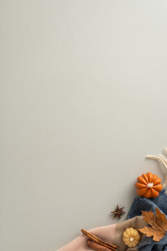 Create an autumn ambiance: Top-down vertical image featuring cinnamon sticks, Chinese anise, maple leaves and pumpkin-shaped candles forming a blank space on grey isolated background