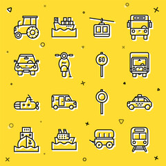 Set line Train and railway, Taxi car, Delivery cargo truck, Cable, Scooter, Car, Tractor and Speed limit traffic icon. Vector