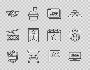 Set line Shield with stars, USA on laptop, browser, Barbecue grill, Star American military, flag, and Police badge icon. Vector