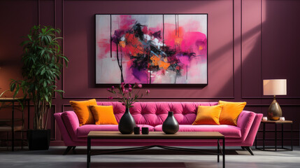 Generative ai illustration of Vivid pink sofa and art poster on stucco wall.