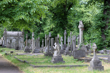 Brompton cemetery in London UK. Picturesque old cemetery in summer day.  