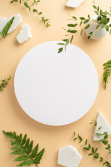 Wild nature beauty concept. Top view photo of empty round frame with eucalyptus branches, fern leaves and marble stones on isolated beige background with copy-space