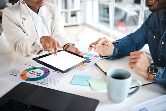 Mockup tablet screen, teamwork and hands of business people communication, analysis and working on trend research. Research, partnership and creative advertising team cooperation on strategy planning