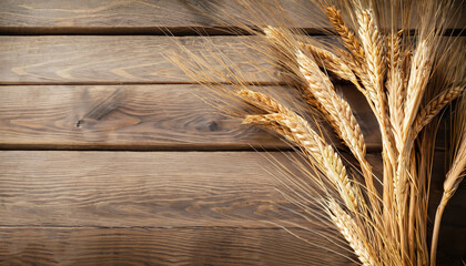 Sheaf of wheat ears on wooden table