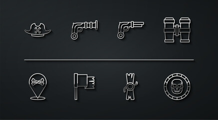 Set line Pirate hat, Location pirate, Binoculars, Decree, parchment, scroll, flag, Vintage pistols, coin and icon. Vector