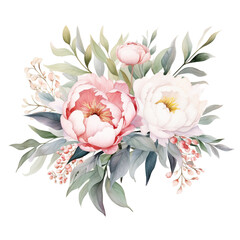 Bouquet of watercolor peonies isolated on white background