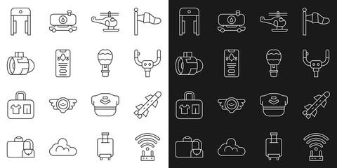 Set line Router and wi-fi signal, Rocket, Aircraft steering helm, Helicopter, Mobile with ticket, Jet engine turbine, Metal detector airport and Hot balloon icon. Vector