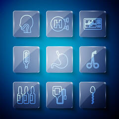 Set line Medical vial, ampoule, IV bag, Sperm, Monitor with cardiogram, Human stomach, thermometer, Sore throat and scissors icon. Vector