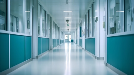 Obraz premium Long hospital corridor with rooms. image background of corridor in hospital or clinic