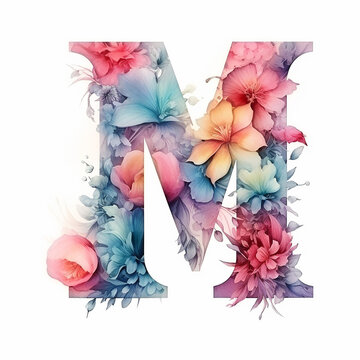 3d render generic logo watercolor floral alcohol ink with letter M. Watercolor floral alphabet