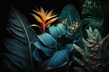 vibrant tropical plant and leaf arrangement on a dark background. Generative AI