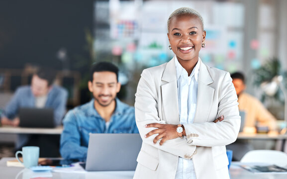 Portrait, accountant and black woman with arms crossed in office, business workplace or coworking company. Face, confidence or happy professional, African entrepreneur and auditor, employee or worker
