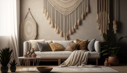 blank wall in boho style minimalist living room Ai generative © Abonti