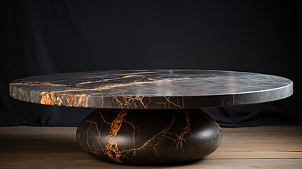 a front view of a Luxurious White and Gold Empty Marble Table for Product Placement on a Dark Background, serving as a blank marble table mockup, Ai generative
