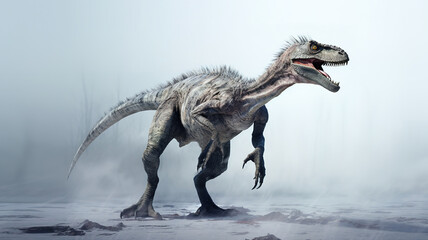 Deinonychus in white fog, realistic and detailed dinosaur image, generative ai