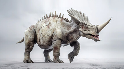 Triceratops in white fog, realistic and detailed dinosaur image, generative ai