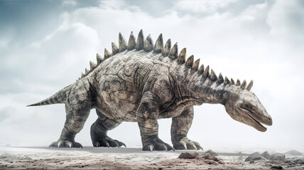 Stegosaurus in white fog, realistic and detailed dinosaur image, generative ai