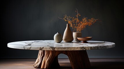 a front view of a Luxurious White and Gold Empty Marble Table for Product Placement on a Dark Background, serving as a blank marble table mockup, Ai generative
