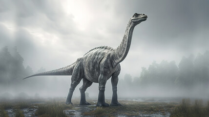 Barosaurus standing in white fog, realistic and detailed dinosaur image, generative ai