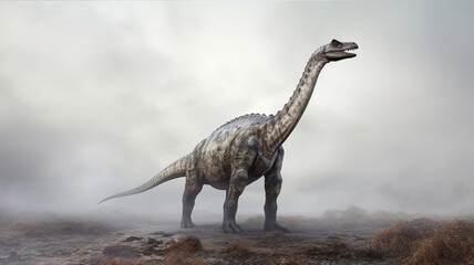 Barosaurus in white fog, realistic and detailed dinosaur image, generative ai