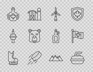 Set line Skates, Stone for curling, Wind turbine, Hockey puck, Bottle of maple syrup, Beaver animal, Mountains and Flag Canada icon. Vector