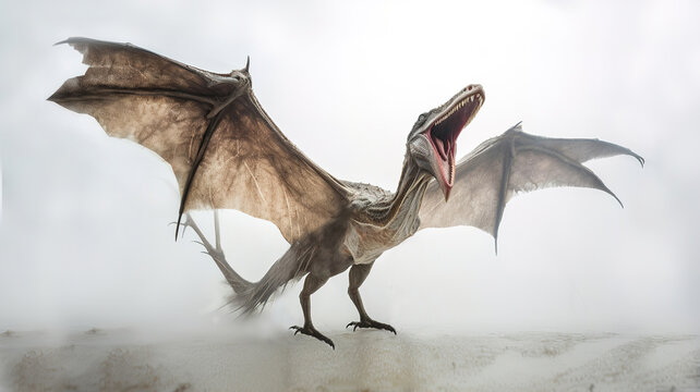 Pterosaur in white fog, realistic and detailed dinosaur image, generative ai