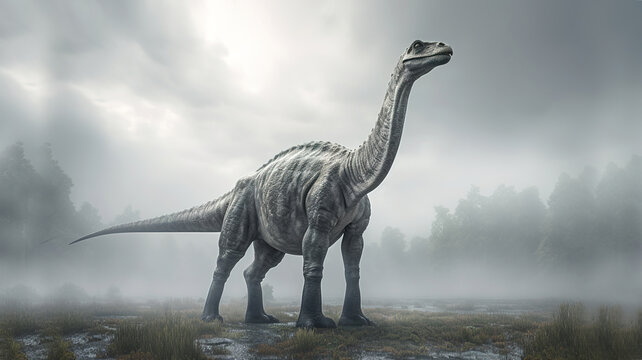 Barosaurus Standing In White Fog, Realistic And Detailed Dinosaur Image, Generative Ai