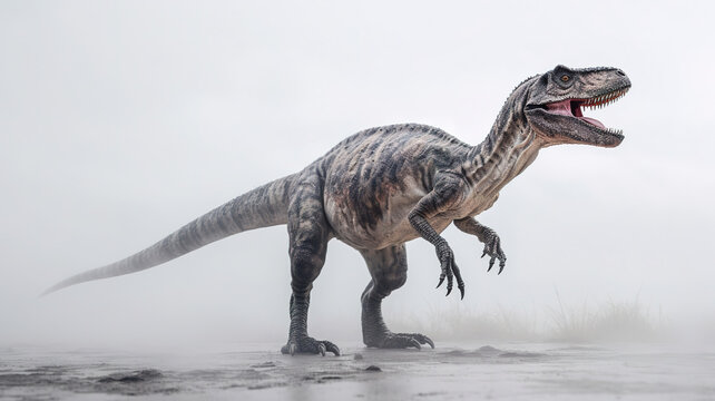 Velociraptor in white fog, realistic and detailed dinosaur image, generative ai