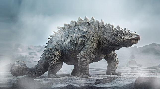Ankylosaurus in white fog, realistic and detailed dinosaur image, generative ai