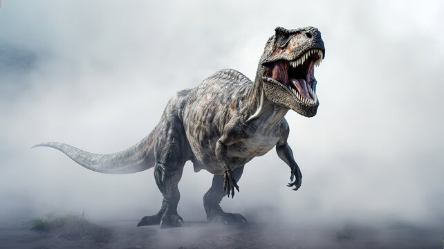 Tyrannosaurus rex in white fog, realistic and detailed dinosaur image, generative ai