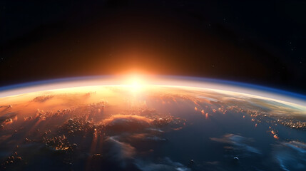 Sunrise over planet Earth, view from space. Concept on the theme of ecology, environment, Earth Day