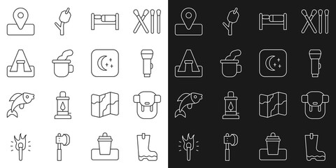 Set line Waterproof rubber boot, Hiking backpack, Flashlight, Bed, Cup tea, Tourist tent, Location for camping and Moon and stars icon. Vector