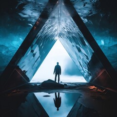 A man in a suit goes out of a giant triangle mirror