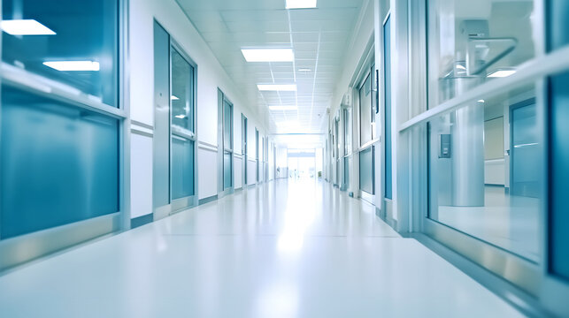 Long hospital corridor with rooms. image background of corridor in hospital or clinic