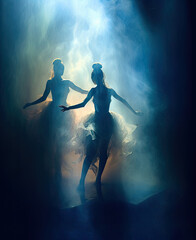Generative AI illustration of dramatic ballet on stage with smoky moody effects