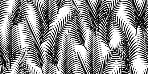 black white palm leaves seamless pattern