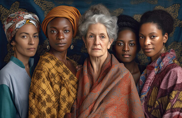 Generative AI illustration of beautiful multi cultural multi racial and various age women - obrazy, fototapety, plakaty