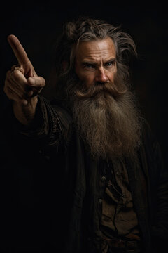 Generative AI illustration of Frontier style old Wild West precher man with long beard pointing to camera