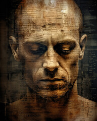 Generative AI illustration of dramatic textured multi media collage portrait of middle aged man with mental health issues